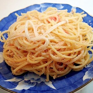 追いがつおつゆで　辛子明太子とえのき茸のパスタ